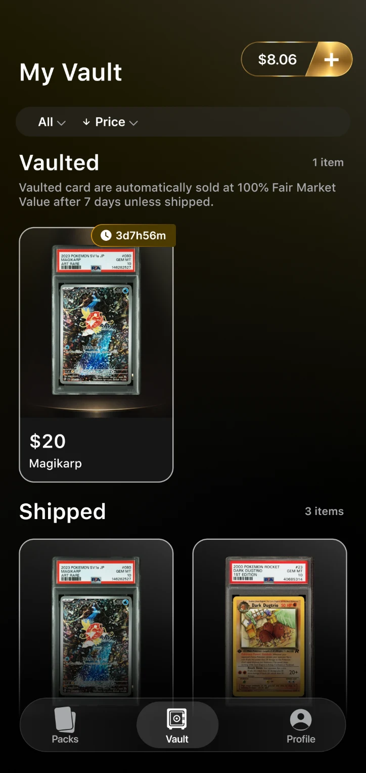 Lucky Rips My Vault screen showing a vaulted Magikarp card with countdown